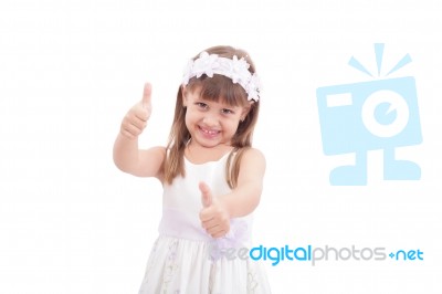 Happy Pretty Girl With Thumbs Up On White Background Stock Photo