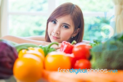Happy Woman Cooking Vegetables Green Salad Stock Photo