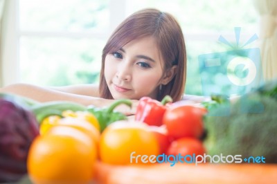 Happy Woman Cooking Vegetables Green Salad Stock Photo