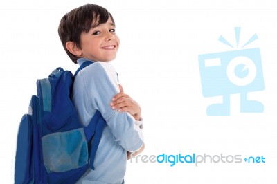 Happy Young Boy Ready For School Stock Photo