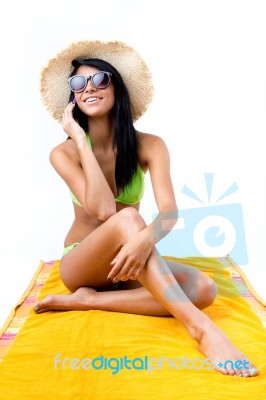 Happy Young Girl With Green Bikini Talking On Mobil Phone Stock Photo