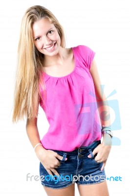 Happy Young Woman Looking At The Camera Stock Photo