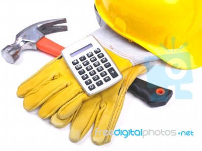 Hat Hammer Calculator and Gloves Stock Photo Hat Hammer Calculator and Gloves Stock Photo