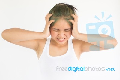 Headache Woman Or Stress Woman On White Background  Stock Photo