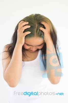 Headache Woman Or Stress Woman On White Background  Stock Photo