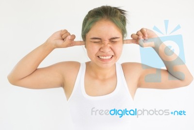 Headache Woman Or Stress Woman On White Background,woman With Hearing Problems Concept Background Stock Photo