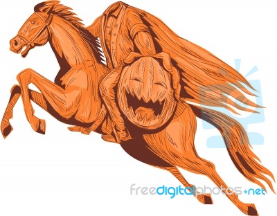 Headless Horseman Pumpkin Head Drawing Stock Image