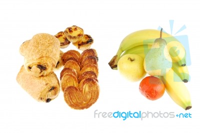 Healthy Vs Unhealthy (baked Goods And Fruits On White) Stock Photo