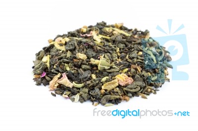 Heap Of Biological Loose Flower Power Tea On White Stock Photo