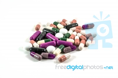 Heap Of Medicine Pills Isolated On White Background Stock Photo