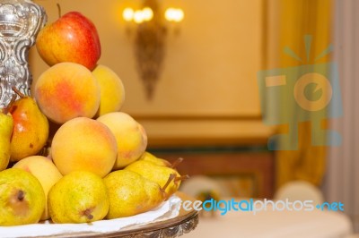 Heap Of Various Fruits On Display Tray In A Hotel Restaurant Stock Photo