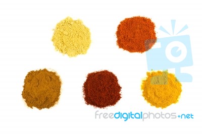 Heaps Of Various Seasoning Spices On White Stock Photo