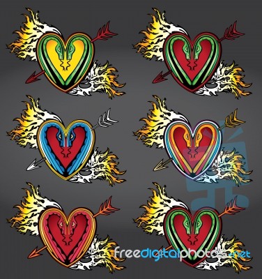 Heart Shape Snake Silhouettes Arrows Fire Flames Design Stamps Stock Image