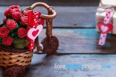 Hearts And Flowers On Wooden Stock Photo