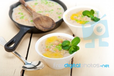 Hearty Middle Eastern Chickpea And Barley Soup Stock Photo