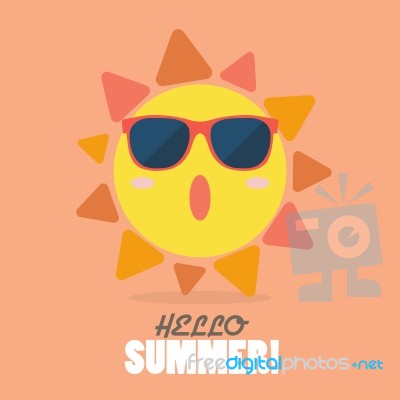 Hello Summer With Happy Sun On Sunburst Pattern Stock Image