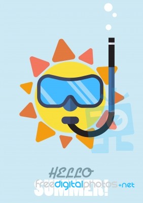 Hello Summer With The Sun Wearing A Diving Mask And Snokel Stock Image
