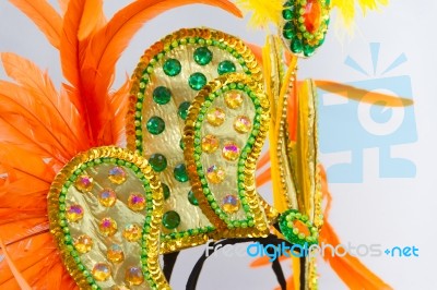 Helmet Decorated With Bright Stones And Feathers For Carnival Stock Photo