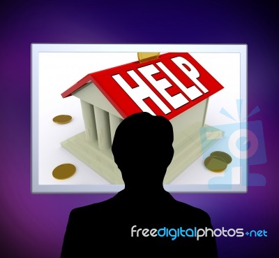 Help On House Or Money Box Man Means Loan Assistance Stock Image