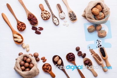 Hemp Sack Bags And Spoon Of Various Legumes And Different Kinds Stock Photo