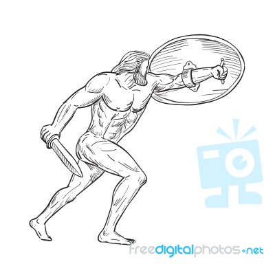 Heracles With Shield And Sword Drawing Black And White Stock Image