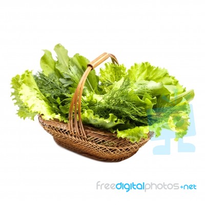 Herbs In A Braided Wooden Basket On White Background With The In… Stock Photo