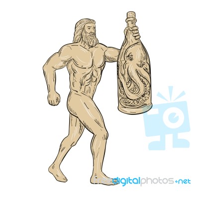 Hercules With Bottled Up Angry Octopus Drawing Stock Image