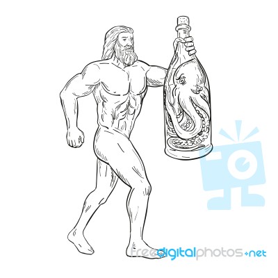 Hercules With Bottled Up Angry Octopus Drawing Black And White Stock Image