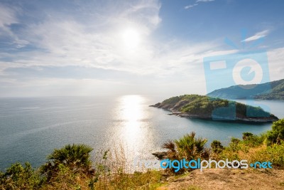 High Angle View Island And Sea At Laem Phromthep Scenic Point Stock Photo