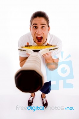 High Angle View Of Male Showing Racket Stock Photo