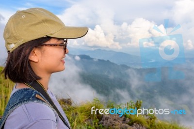 Hiker Asian Cute Teens Girl Looking Nature Stock Photo