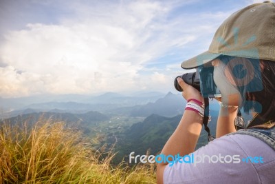 Hiker Teens Girl Taking Photo Stock Photo
