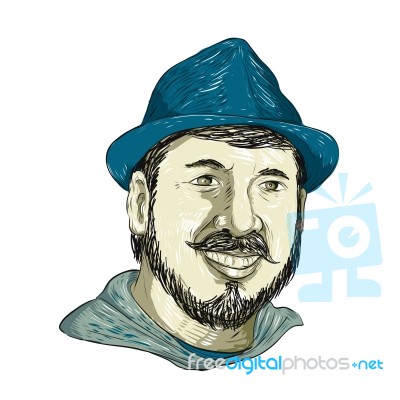 Hipster Wearing Fedora Hat Smiling Drawing Stock Image