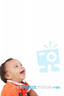 Hispanic Baby Boy Sit On Floor Laughing Portrait On Isolated Whi… Stock Photo