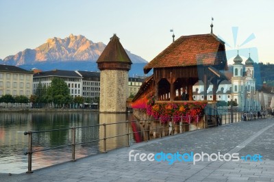 Historic City Center Of Lucerne With Famous Chapel Bridge (kapel… Stock Photo