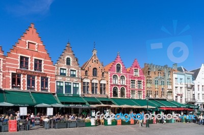 Historic Gabled Buildings And Cafes In Market Square Bruges West… Stock Photo
