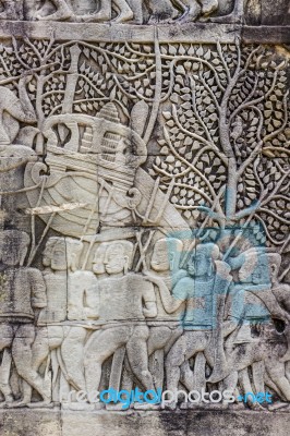 Historic Khmer Bas-relief Showing Hindu Legend Scenes At Bayon T… Stock Photo