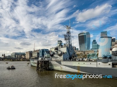 Hms Belfast Moored In The Pool Of London Stock Photo