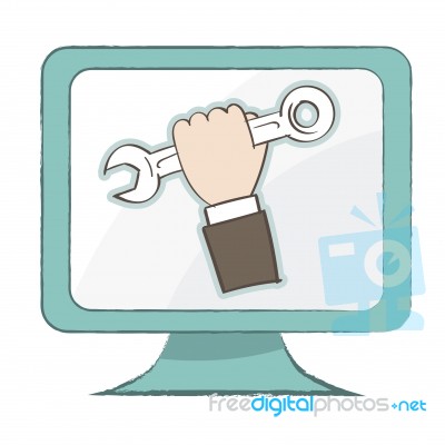 Holding Spanner Icon On Computer Monitor -  Illustration Stock Image