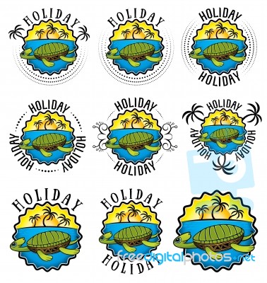 Holiday Sticker With Swimming Turtle Sun Beach And Palms Stock Image