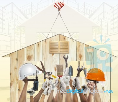 Home And Hand Rising Diy Tool Equipment Against Wood House Use For Home Craftman Repair And Maintenance Working Stock Photo