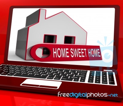 Home Sweet Home House Laptop Shows Comforts And Family Stock Image