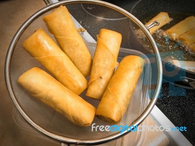 Homemade Deep Frying Spring Rolls Stock Photo