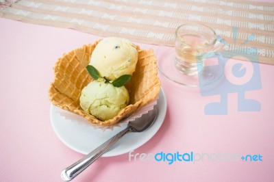 Homemade Ice Cream Scoops In Waffle Bowl Stock Photo
