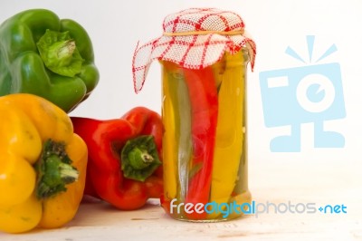 Homemade Preparation Of Pickled Organic Healthy Peppers Stock Photo