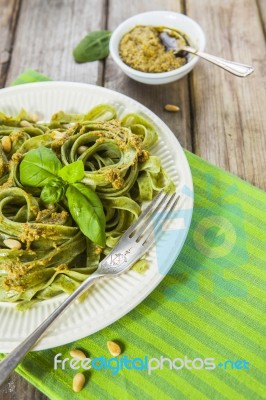 Homemade Spinach Pasta With Pesto Stock Photo Homemade Spinach Pasta With Pesto Stock Photo