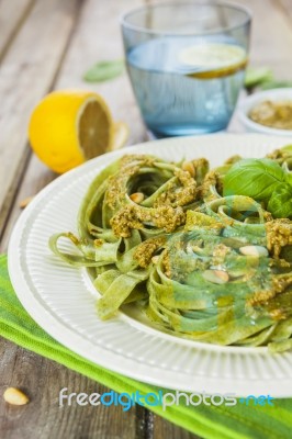 Homemade Spinach Pasta With Pesto Stock Photo