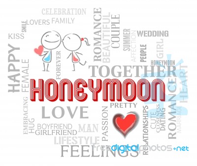 Honeymoon Words Shows Romantic Holiday Or Vacation Stock Image