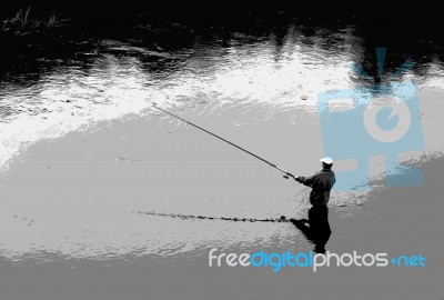 Horizontal Black And White Fisherman Illustraction Stock Photo