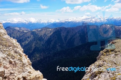 Horizontal Vivid Mountains Peaks Landscape Background Backdrop Stock Photo